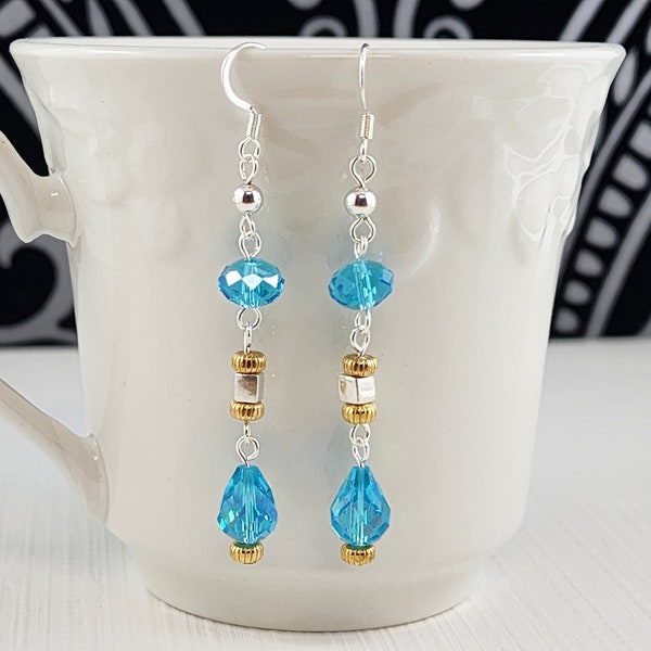 Aqua crystal earrings - Long dangle earrings - Silver plated surgical steel or Nibium hooks - hypo-allergenic - Free shipping in Canada