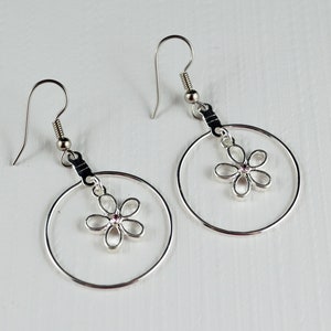 Silver dangle earrings - Casual everyday wear - Silver plated surgical steel hooks - Flower charm earrings - Free shipping to Canada