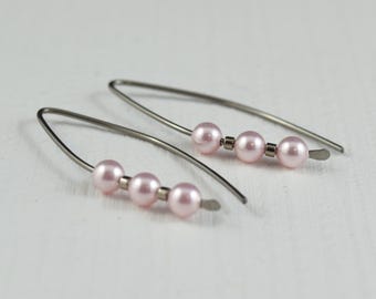 Niobium earrings - Rosaline Pink Swarovski pearls - hypoallergenic earrings - Sensitive ears - Niobium threader - Nickel free earrings