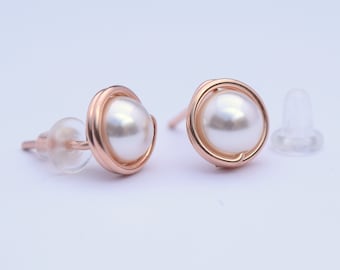 White Swarovski crystal pearl post earrings - 9mm Rose Gold stud earrings - Rose gold filled handmade - Nickel free earrings