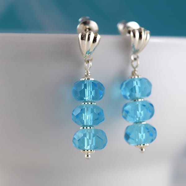 Aquamarine faceted glass earrings - dangle earrings with silver plated studs - Blue earrings - Free shipping in Canada