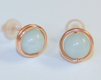 Amazonite gemstone stud earrings in Rose Gold - Niobium or silver available - 9mm handmade stud earrings - Free shipping in Canada