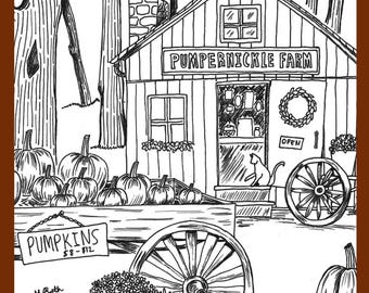 Cozy Fall Farm Shop Coloring Page For Adults. (Digital Download)