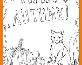 Página para colorir Feliz Outono: Abóboras e Gato (Download digital)