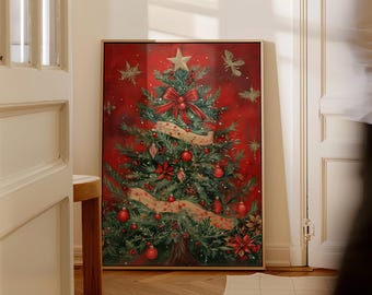 Retro Red Christmas Wall Art, Vintage Holiday Tree Print with Classic Festive Details