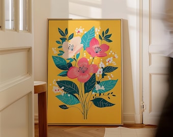 May include: A rectangular framed wall art print featuring a vibrant yellow background with a central floral arrangement. The illustration displays large pink and light peach flowers, dark teal leaves, and small white blossoms on thin stems.