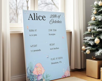 May include: A light blue rectangular birth announcement sign featuring the name Alice, date 25th of October, birth time 9.32 pm, Scorpio star sign, weight 7.7 pounds, height 19.6 inches, and place of birth Houston, TX, with a watercolor mermaid illustration.