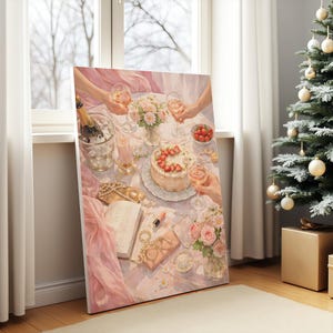 May include: A vertical canvas print depicting a festive table setting with a strawberry-topped cake, glasses of rose wine, a champagne bottle in an ice bucket, pink flowers, an open book, a lipstick, and gold jewelry on a light pink tablecloth.