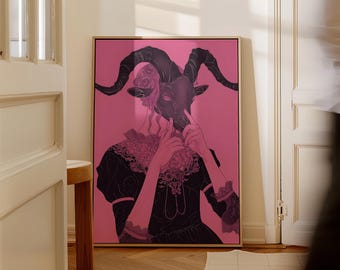 Pink Halloween Wall Art, Gothic Surreal Print with Dark Occult Vibes, Creepy Spooky Poster for Alternative Home Decor and Horror Lovers