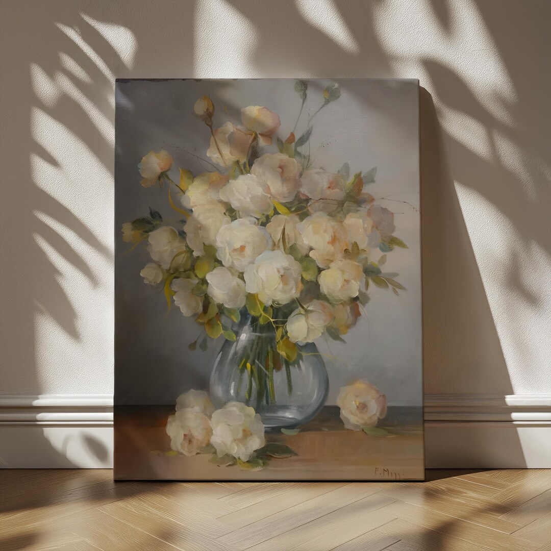 Vintage Floral Still Life Canvas, Romantic White Roses Bouquet Painting ...