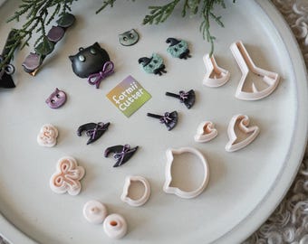 Witch Cat Polymer Clay Cutter Set | Halloween Broom, Hat, Cat & Bow Tools