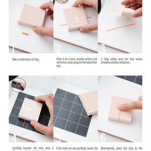 May include: A series of six images demonstrating the use of a light pink clay rolling tool. The tool has a flat side and a ball-rolling side. Instructions include rolling clay into strips and forming small balls.
