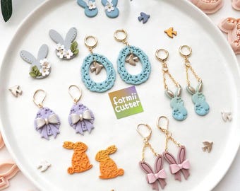 Easter Bunny Clay Cutters – Spring Polymer Clay Earring Molds – Pastel Floral Rabbit Shapes – FormiiCutter
