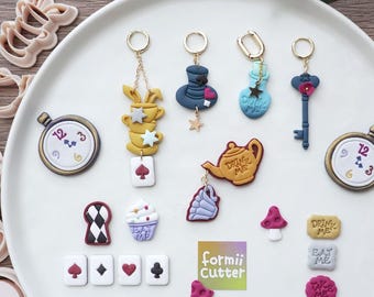 Wonderland Polymer Clay Cutters & Stamps, Teapot, Pocket Watch, Playing Cards, Jewelry Making Tools