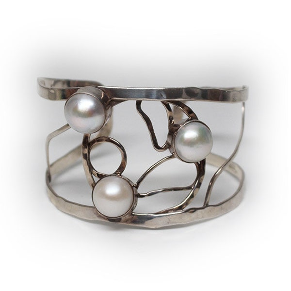 Sterling Silver Cuff Bracelet Embellished with 12mm Pearls