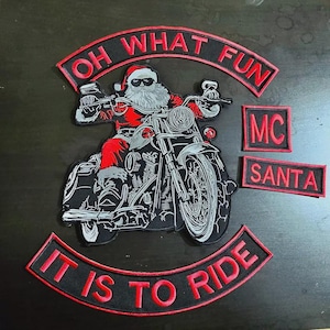 large Santa MC Clause Oh what fun It is to Ride embroidery patch set of 5 iron on for vests and jackets