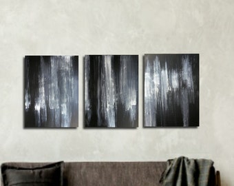 Triptych 24 x 54 Black and White Original painting- Palette Knife - Gerhard Richter -Minimalist- Abstract Painting -OOAK -Skye Taylor Artist