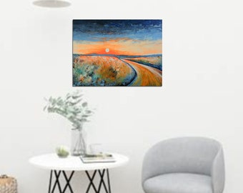 A Impressionism -18 x 24 -Original painting- Landscape- Field- Orange Sunset- Palette knife- impasto -Monet-Skye Taylor