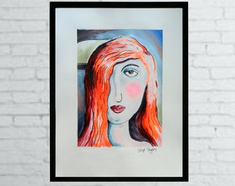 Original Woman painting- 14 x 11 -Expressionist Modern Lady with Red Hair art Metallic Highlights Acrylic on Paper - OOAK- Art- Skye Taylor