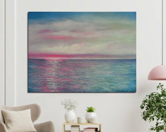 Seascape- 30 x 40- Original painting-Pink Miami Sunset - Modern- Ocean- Pink and Blue - Ocean Sunset -  OOAK -Skye Taylor