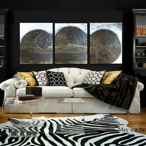A Triptych 20 x 48 Black and Bronze Gold Highly Textured Abstract painting Art Impasto Pallet Knife Skye Taylor image 3