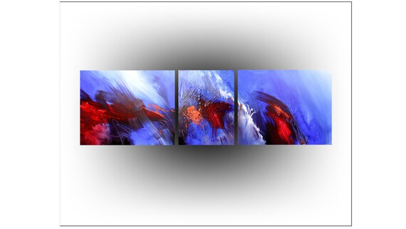 A Original painting- 16 x 54 -Acrylic- Abstract- Triptych- Palette Knife- Blue And Red- Office- Wall Decor-Home Decor- Skye Taylor