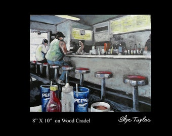 Country Cafe Diner  - 10 x  8 Original Acrylic Painting on Signed Wood Cradle - The Diner - People Coffee Shop Waitress Food By Skye Taylor