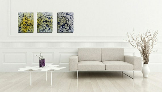 A Original painting- 20 x 48 -Abstract Painting - Triptych Painting- Blue, White Yellow -Jackson Pollock- Life -OOAK - Skye Taylor Artist