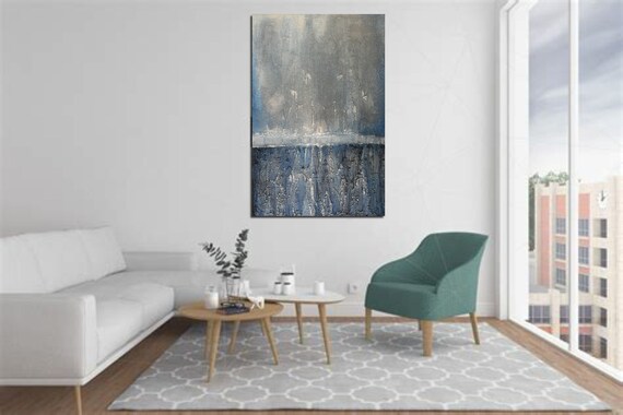 HEAVY TEXTURE 36 x 24 Minimalist Blue and Gray Painting -Original Abstract- Palette Knife - Acrylic- Impasto - My Blue Island - Skye Taylor