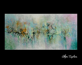 A Green Abstract 24 x 48 Original Painting Acrylic Impasto Palette Knife Wall Decor Home and Living Office -Heavy Texture- by Skye Taylor