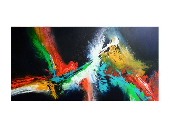 Original Painting 24 x 48 Colorful Neon Acrylic Abstract on Black Canvas Painting Fine Art-Home Decor Office-Den Bedroom-Hall - Skye Taylor