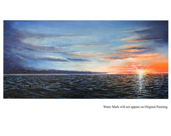 A Seascape Orange Sunset - 24 x 48 -Original painting-Miami Sunset - Ocean Waves- Modern- Blue -Twilight painting- Sunrise OOAK -Skye Taylor