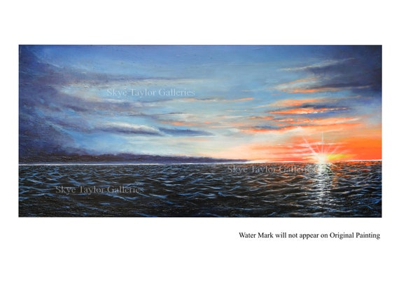 A Seascape Orange Sunset - 24 x 48 -Original painting-Miami Sunset - Ocean Waves- Modern- Blue -Twilight painting- Sunrise OOAK -Skye Taylor