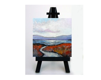 Miniature Hand Painted Original Painting -Easel Included -Landscape -Mountain - Lake -Small painting-My Destiny -2.75 x 2.75 by Skye Taylor