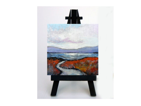 Miniature Hand Painted Original Painting -Easel Included -Landscape -Mountain - Lake -Small painting-My Destiny -2.75 x 2.75 by Skye Taylor