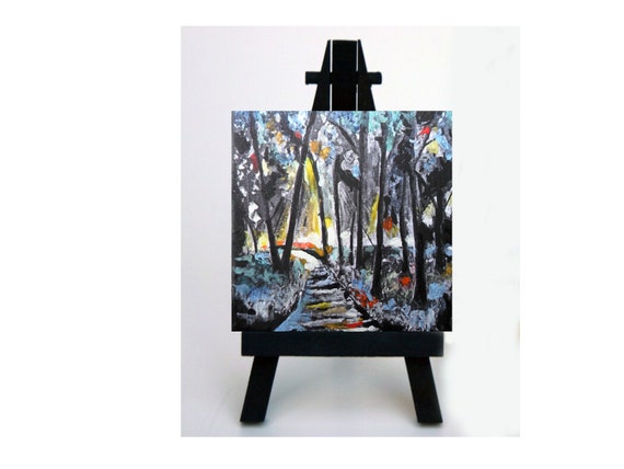 A Miniature Hand Painted Original Painting -Easel Included -Landscape -Forrest -Small painting- Quietude -2.75 x 2.75 by Skye Taylor