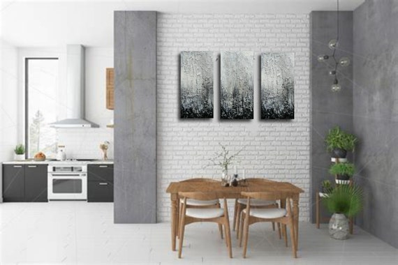 A Triptych 20 x 30 Thick Impasto Heavy Textured Original painting- Gray White Black -Abstract- Minimalist Painting- Surrealist - Skye Taylor