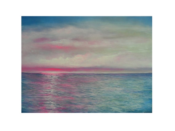Seascape- 30 x 40- Original painting-Pink Miami Sunset - Modern- Ocean- Pink and Blue - Ocean Sunset -  OOAK -Skye Taylor