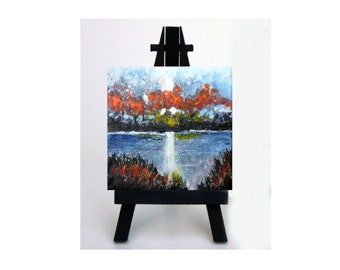 A Miniature Hand Painted Original Painting -Easel Included -Lake - Sunrise Sunset -Small painting- Autumn Lake- 2.75 x 2.75 by Skye Taylor