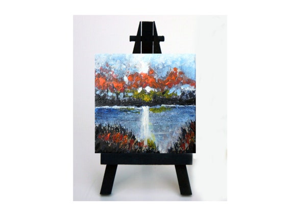 A Miniature Hand Painted Original Painting -Easel Included -Lake - Sunrise Sunset -Small painting- Autumn Lake- 2.75 x 2.75 by Skye Taylor