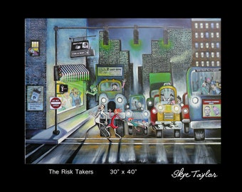 A City Original Painting - 30 x 40 - Whimsical Downtown Cityscape - Joan Miro meets Norman Rockwell - The Risk Takers- Skye Taylor