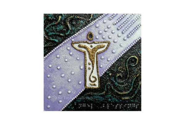 A Braille Angel- raised Original Painting- 10 x 10 Wood Cradle - Austrian Crystals spell Angel Blessings - Textured Braille Painting