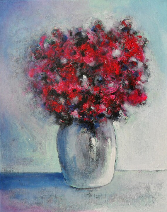 A Roses Original painting- 20 x 16 -Flowers - Floral - Vase -Acrylic-OOAK- Wall Art -Home Decor- Red Blue-Canvas - Skye Taylor Artist