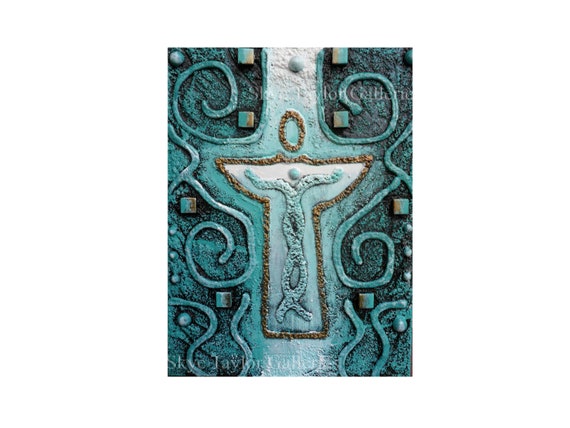 Angel - 3D  - 8-1/2 x 6-1/2 Signed Wood Cradle - Turquois Green and Gold- Spiritual Heavenly Angel Wings Art Abstract-Textured Painting