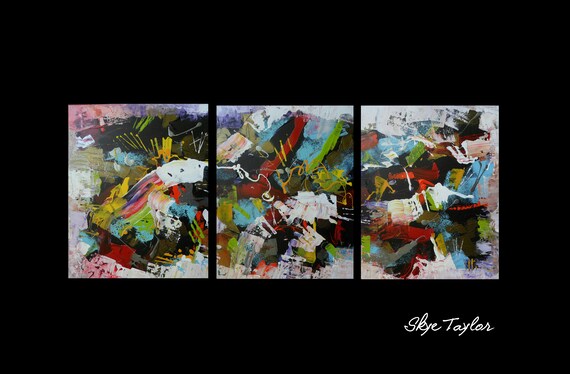 A Abstract Original Triptych-20 x 48-Picante Abstract Colorful Acrylic Palette Knife Mixed Media Art-Skye Taylor