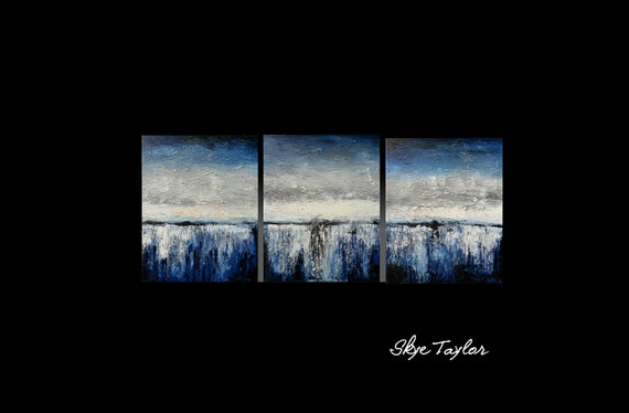 A Triptych -20 x 48 - Blue and White Highly Textured Abstract  painting Art - Horizons of Blue -Impasto -Pallet Knife-Skye Taylor
