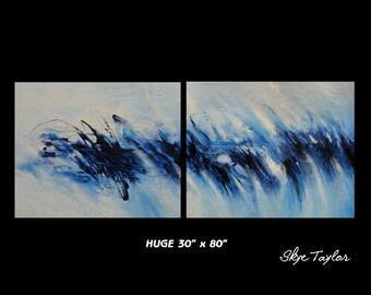 A HUGE 30 x 80 Wide Diptych Original Royal Blue painting - Abstract Art- Texture -Pallet Knife -Impasto -Skye Taylor