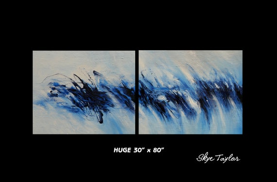 A HUGE 30 x 80 Wide Diptych Original Royal Blue painting - Abstract Art- Texture -Pallet Knife -Impasto -Skye Taylor
