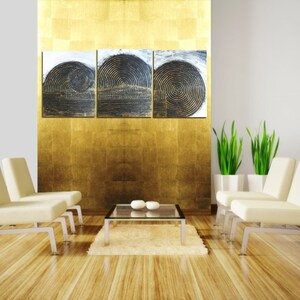 A Triptych 20 x 48 Black and Bronze Gold Highly Textured Abstract painting Art Impasto Pallet Knife Skye Taylor image 5