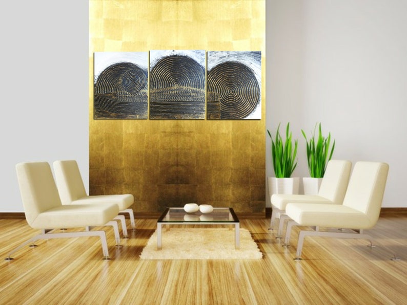 A Triptych 20 x 48 Black and Bronze Gold Highly Textured Abstract painting Art Impasto Pallet Knife Skye Taylor image 5